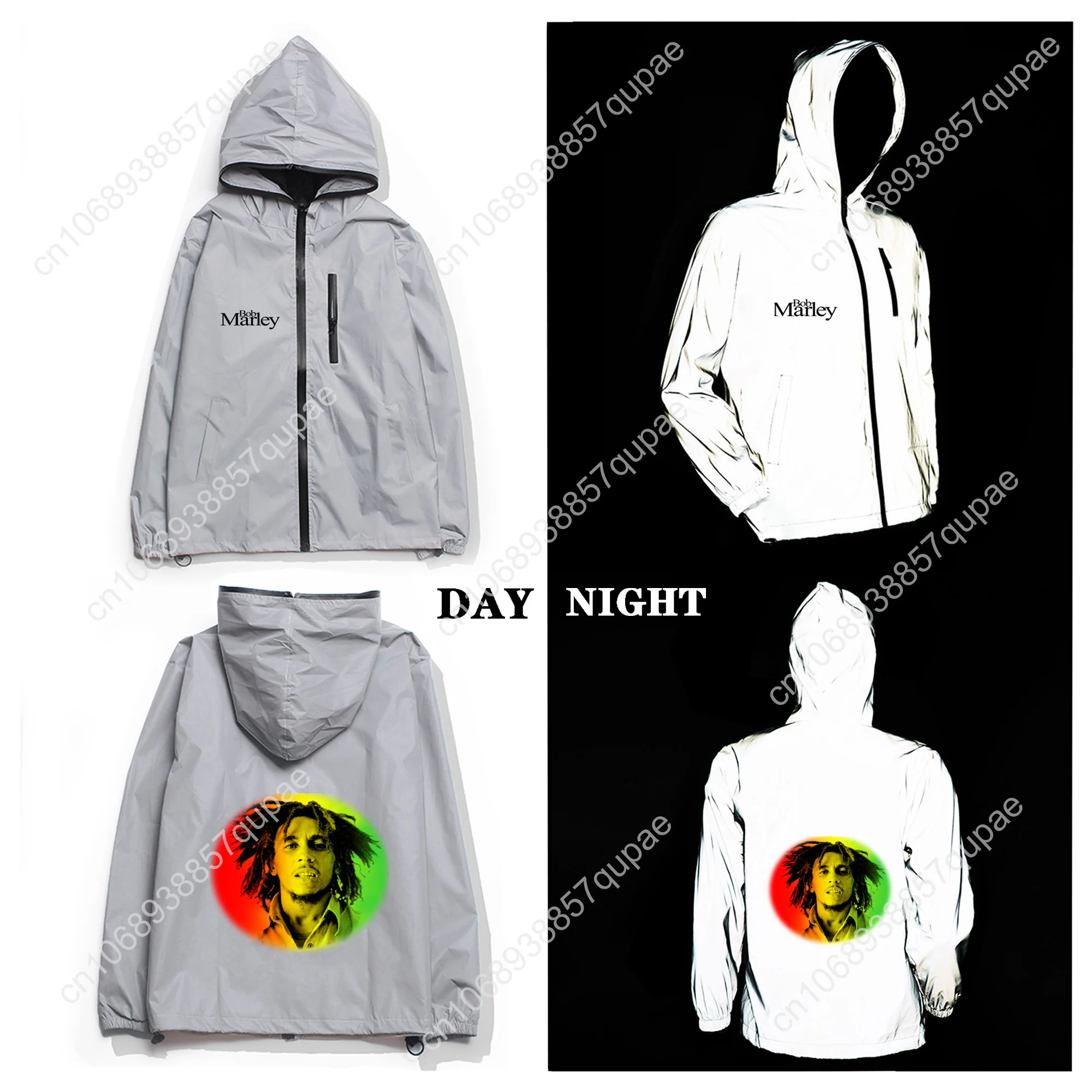 Bob Marley Reflective Jacket Jamaica Singer Reggae Rock Mens Womens Coat Hooded Windbreaker Runing Jackets Customized Hoodie