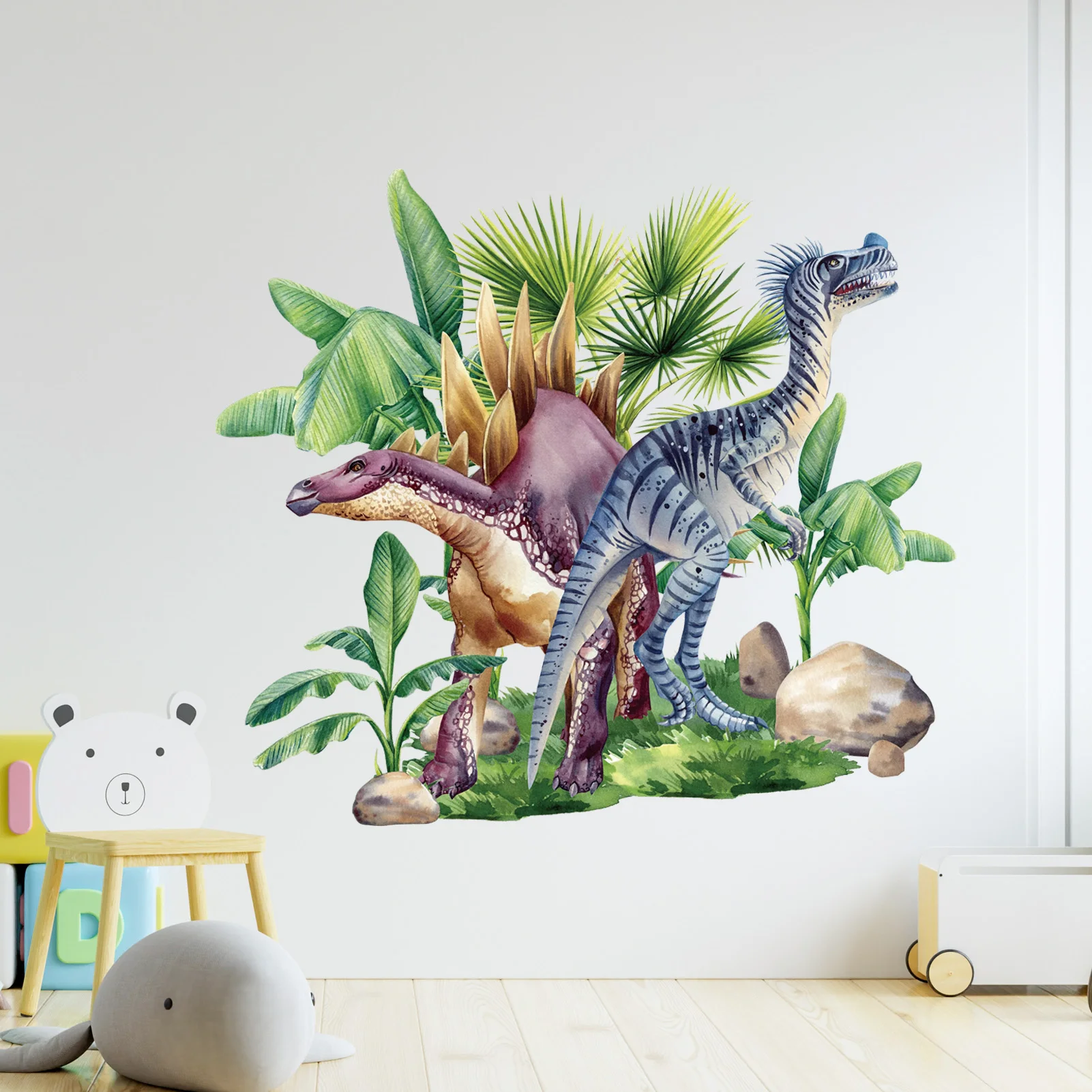 Aquarell-Dinosaurier-Wandaufkleber, tropische Dschungelpflanzen-Aufkleber, abnehmbare Jurassic-Tier-Wandkunst für die Dekoration des Wohnzimmers zu Hause