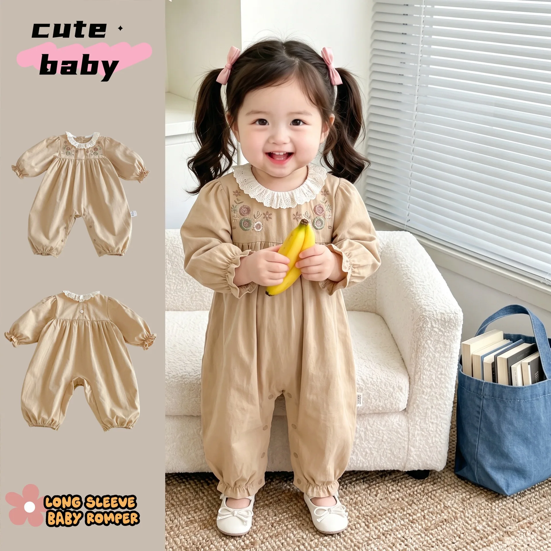 2026 Autumn Girls' New Jumpsuit Korean Version Lace Collar Embroidered Long Sleeved Princess Baby Breathable Climbing Suit