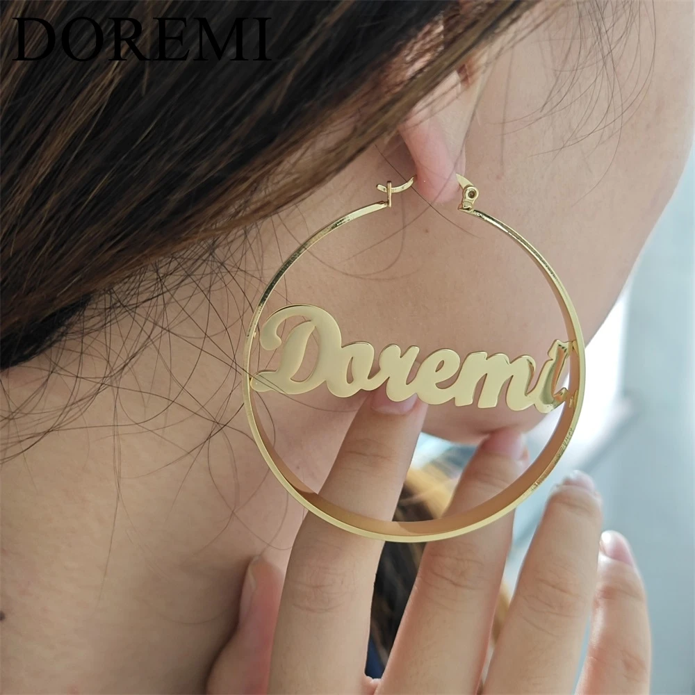 DOREMI Stainnless Steel Personalized Name Earring Hoop Wide Earrings Customized Name Exaggerated Punk Women Big Gift Jewelry