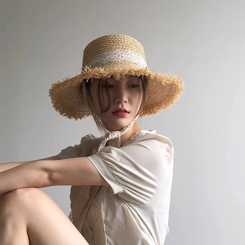 Flat Natural Raffia Straw Hat Women's Summer 2024 New Korean Version Ins Small Fresh French Lace Seaside Beach Hat