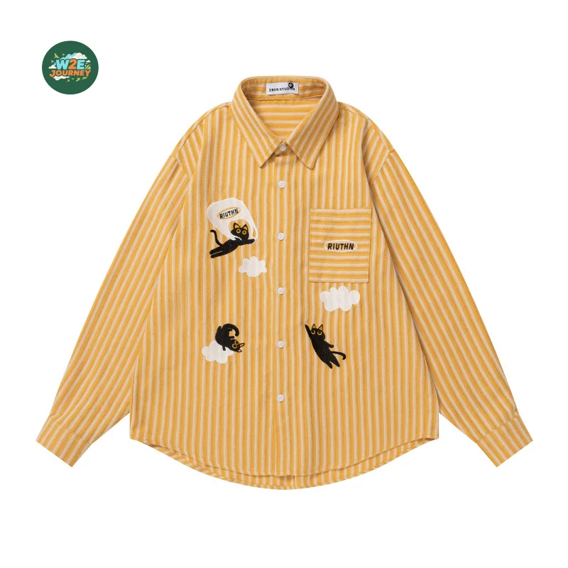 

W2EJOURNEY Высокое качество ЕС США Размер Роскошная уличная винтажная рубашка с длинными рукавами с милым котом унисекс Осенняя полосатая повседневная рубашка