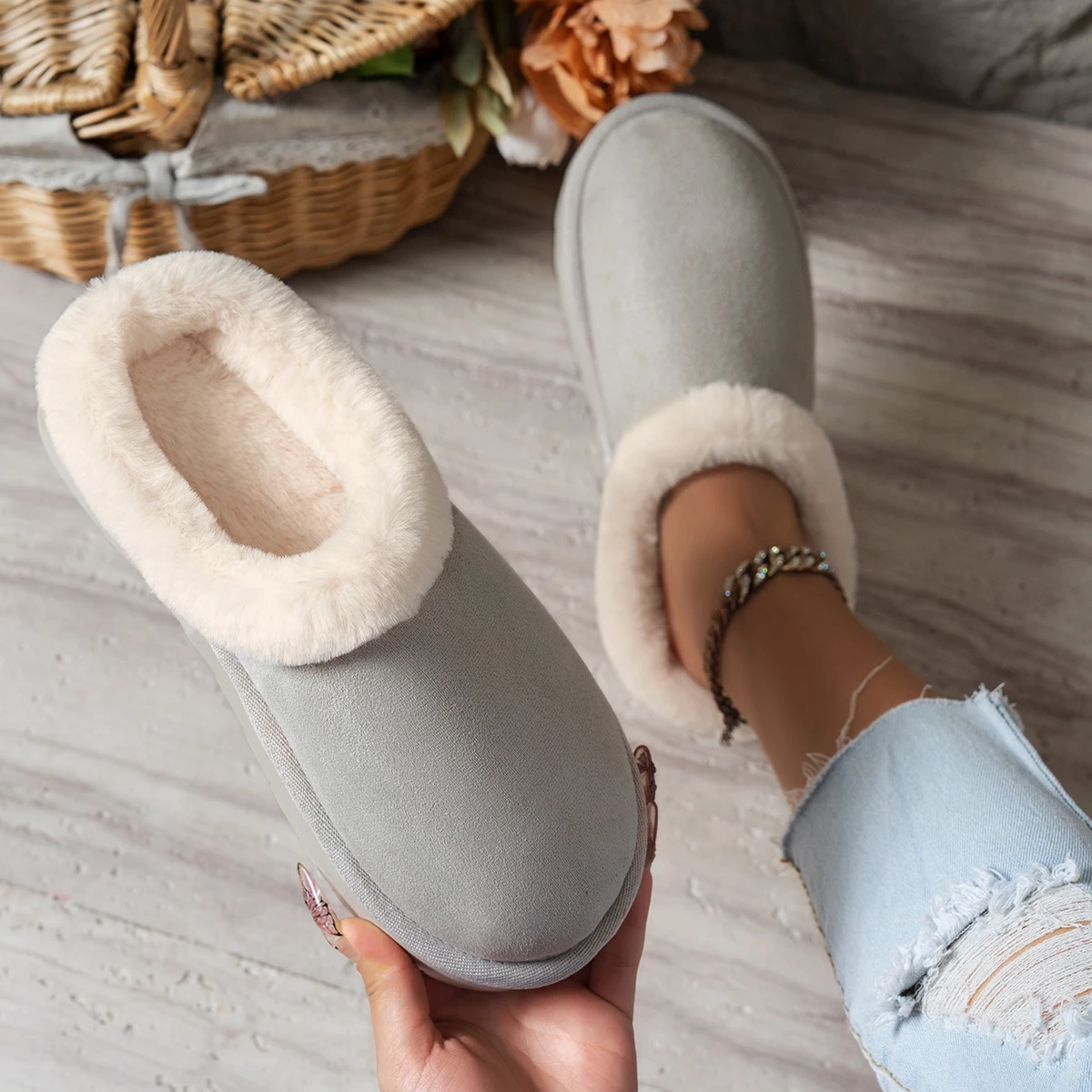 Wintermode Damen Flauschige Dicksohlige Freizeitschuhe, Dicksohlige Rutschfeste und Warme Hausschuhe mit Fellfutter – Detail 21