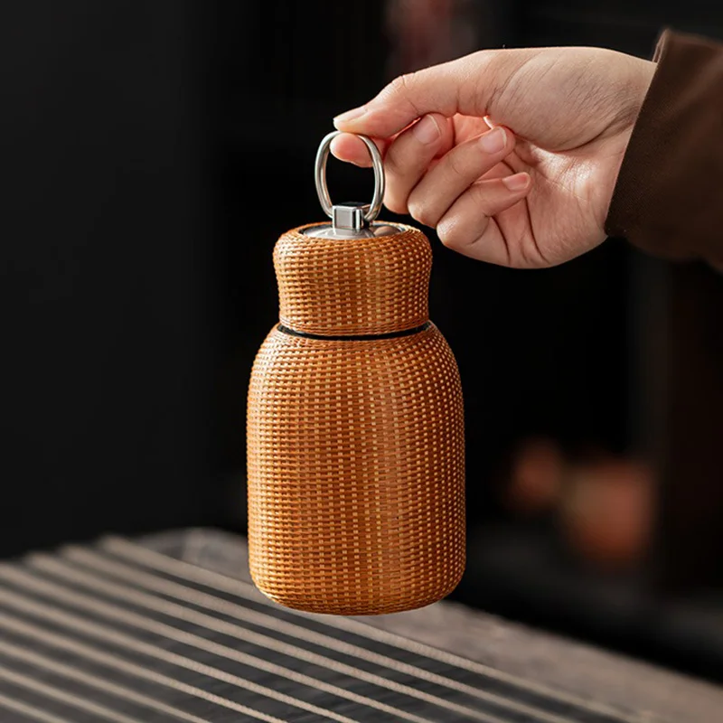 Portable Retro Rattan Cup for Tea Coffee Outdoor, Handmade Bamboo Woven Bottle, Stainless-Steel Inner Thermos Cup