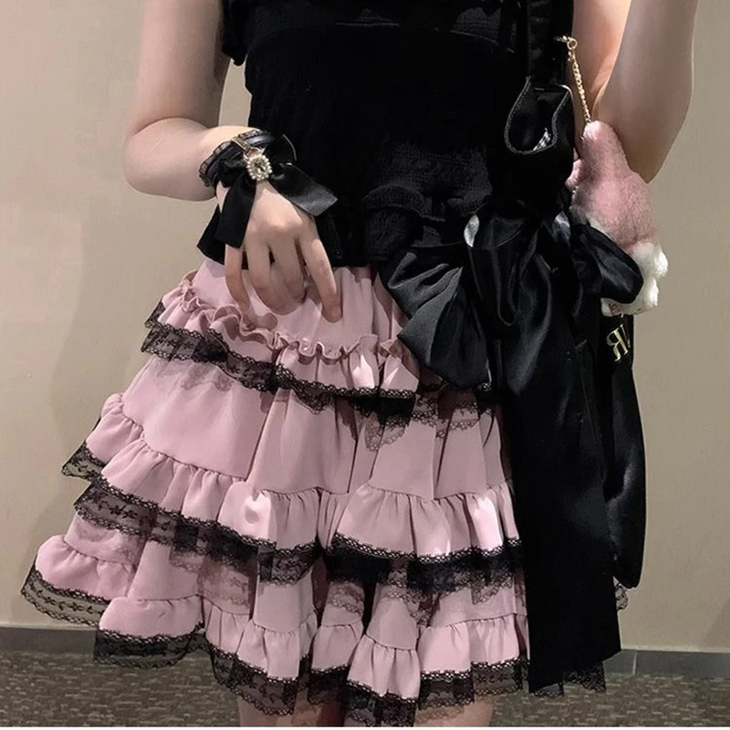 Gidyq Summer Women Bow Mini Skirt Japan Style Fashion Cute Lace A Line Skirts Y2K Female High Waist Casual Folds Skirts New