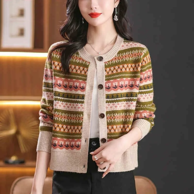 

New Fashionable Jacquard Round Neck Sweater Cardigan Sweater Striped Short Coat Loose Long Sleeve Color Block Top for Women