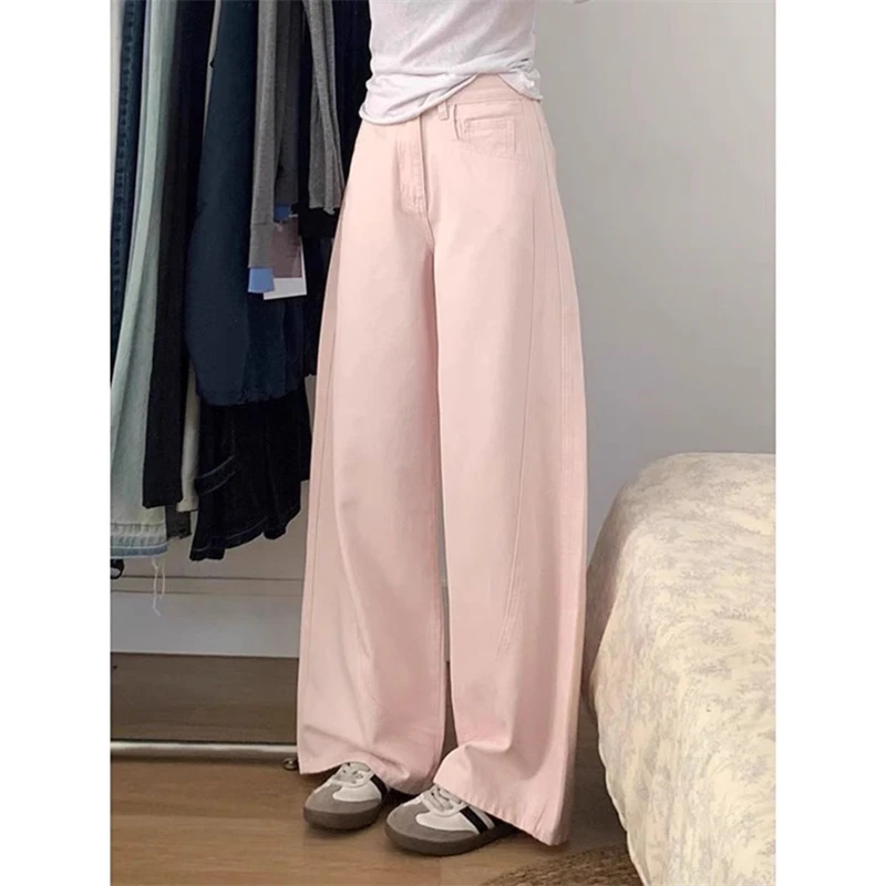 

Women's Pink Curved Wide Leg Pants Young Girl Personalized Trousers Casual Bottoms Female Baggy Street High Waist Sweatpants
