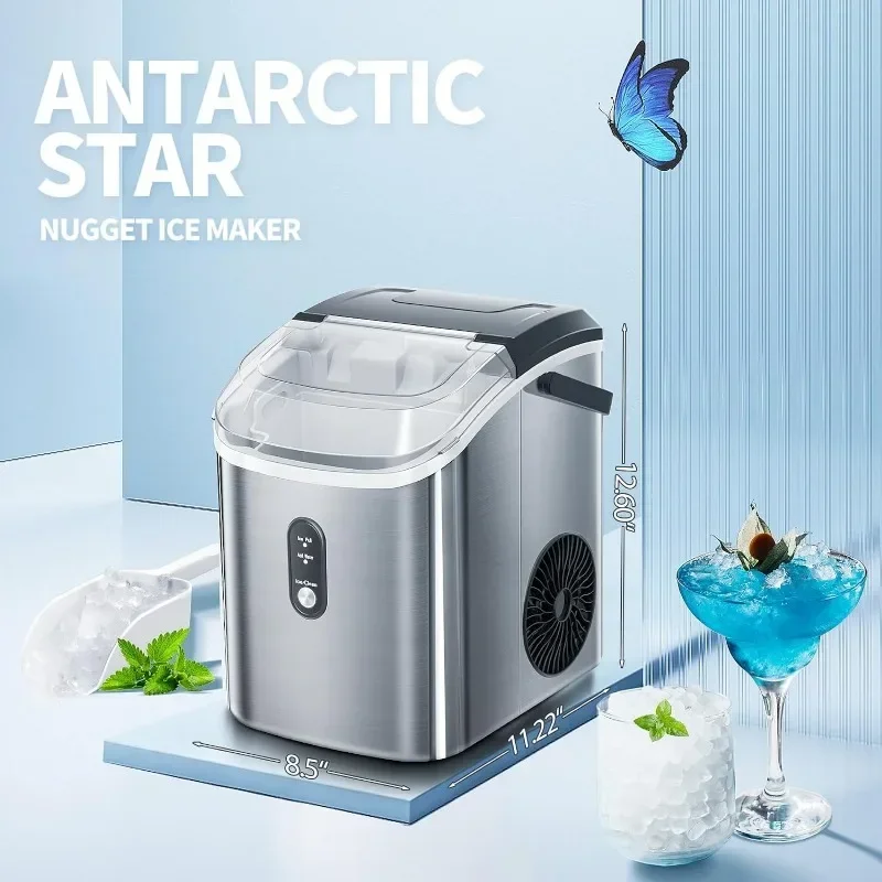 Nugget Countertop Ice Maker, Máquina de gelo portátil Pebble com colher de gelo, Gelo mastigável macio, 34Lbs, 24H, operação com um clique