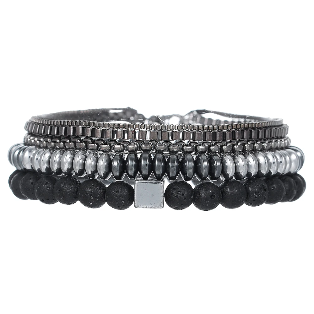 3Pc/s Fashion Personality Volcanic Stone Black Gallstone Elastic Bracelet Combination Multi-Layer Men's Hip Hop Chain Bracelet
