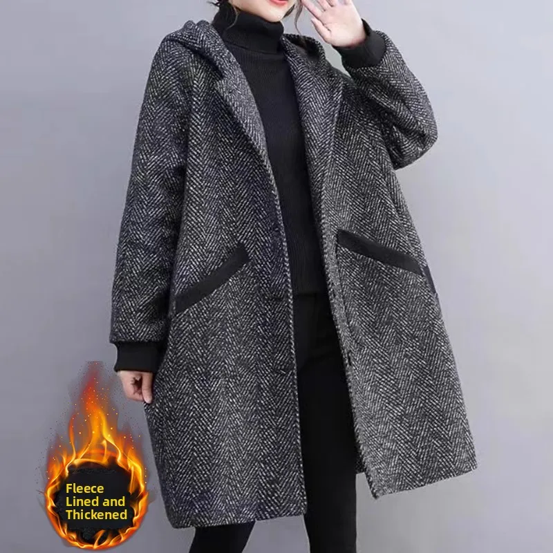 

Winter Thi Long Woolen Coat Women over Knee Korean Sle Commute Hat Hooded Mid-Length Other Material 00% Pure Color
