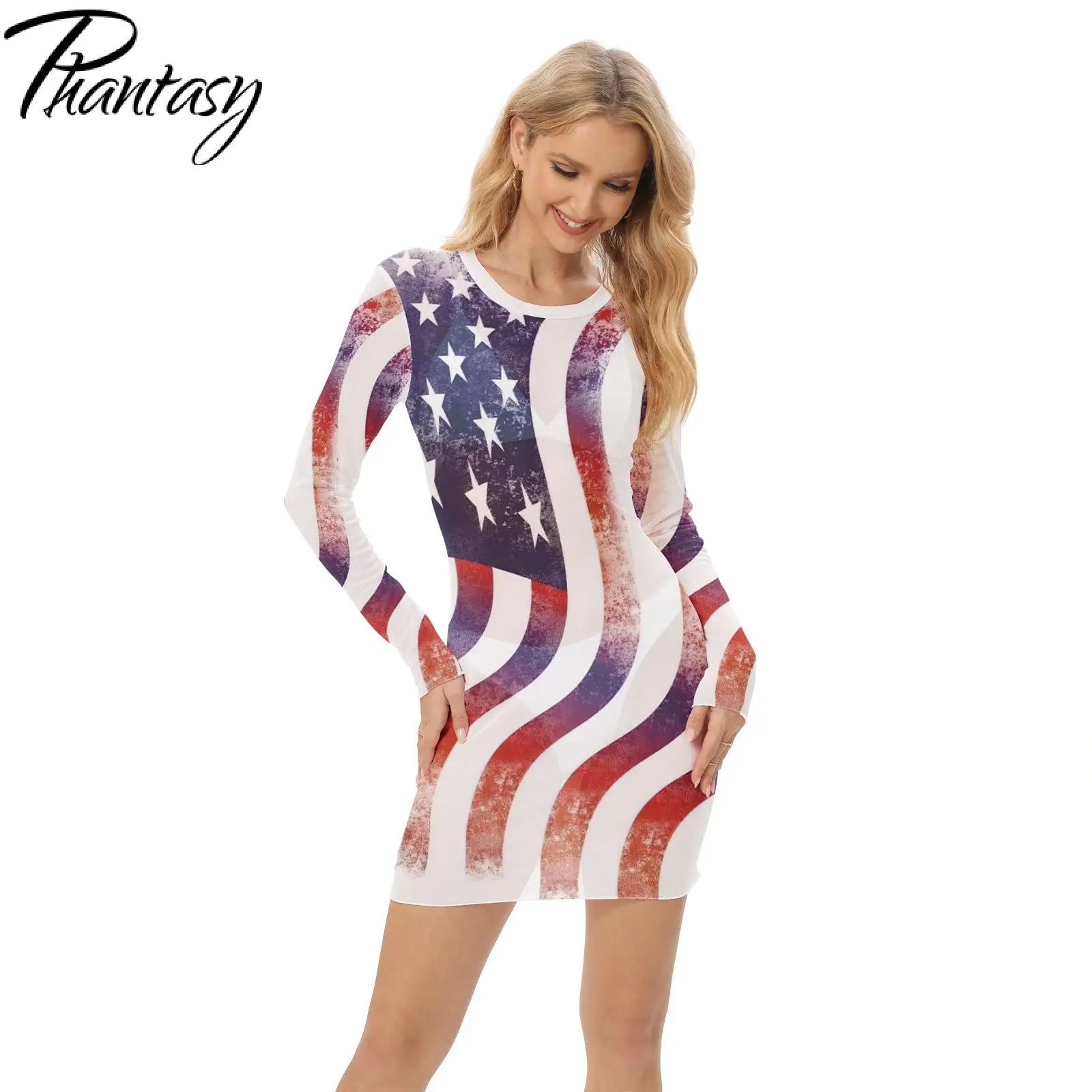 Phantasy Holiday Mini Dress Women Mesh Visible Crewneck Sheath Dresses Flag Pattern 3D Printe Wear Casual Spring Summer Clothing