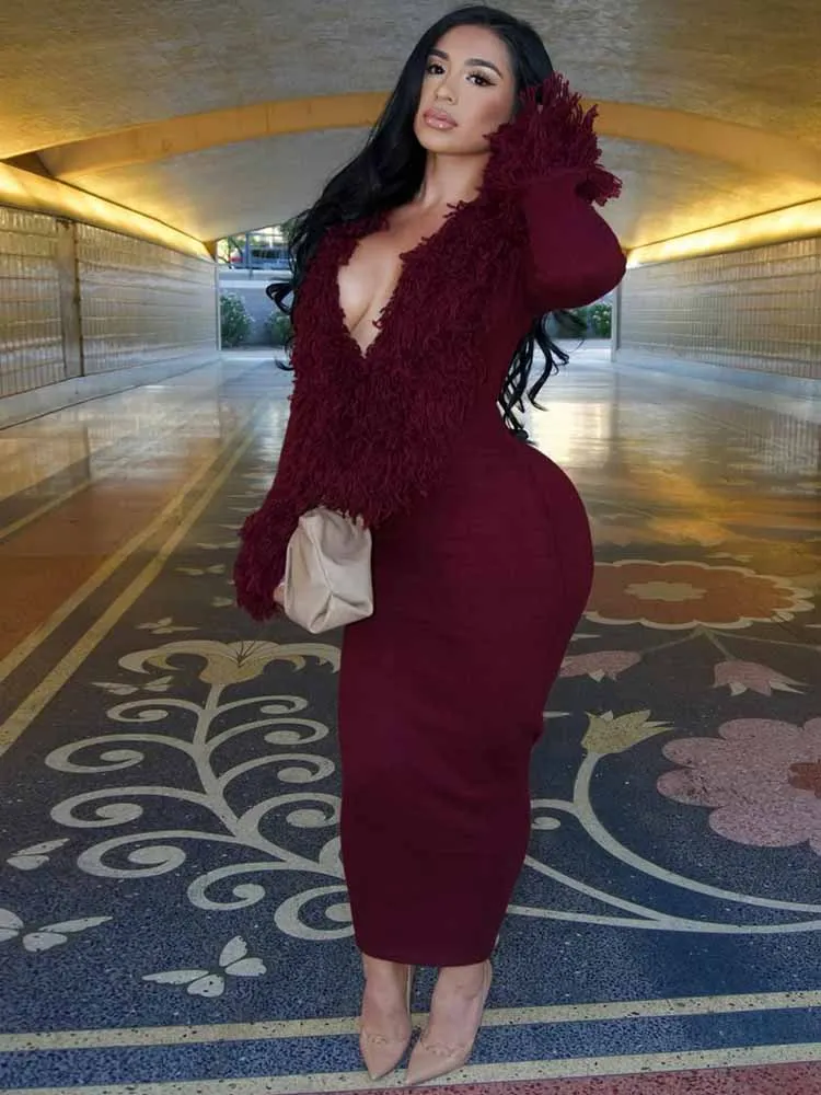 BKQU 패치 워크 태슬 니트 맥시 드레스 여성 딥 브이넥 섹시한 바디콘 긴 소매 가을 겨울 스웨터 드레스 우아한 가운