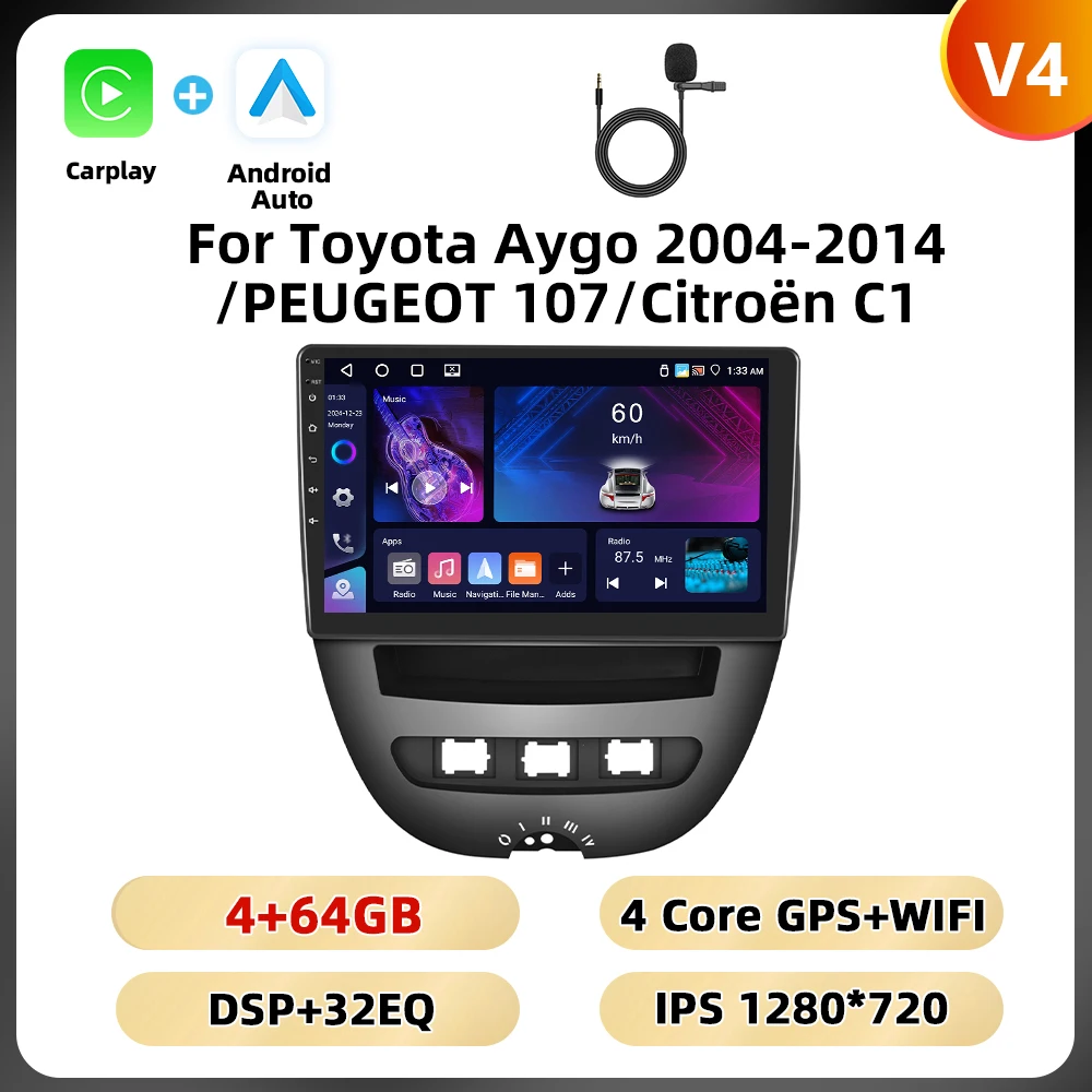 Podofo 10.1 ''8Core Autoradio Voor Toyota Aygo 2004-2014/PEUGEOT 107/Citroën C1 multimedia Speler Carplay Android Auto GPS WIFI