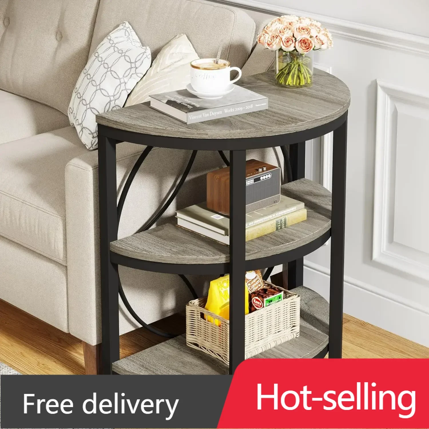 

Half Round Side Table, Narrow Sofa Side Table with 3-Tier Storage Shelves, Half Moon Table, Tall Nightstand for Living Room