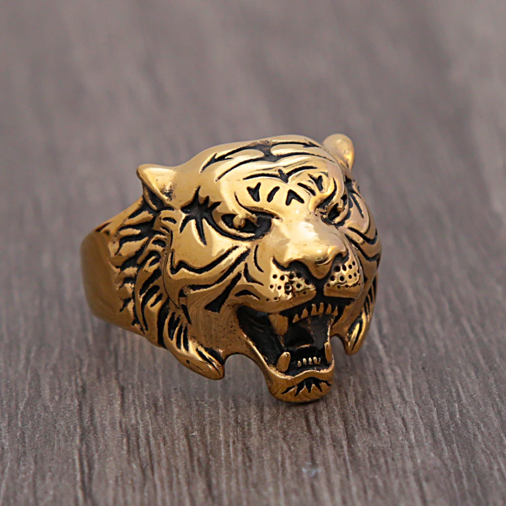 Punk Hip Hop Vintage Stainless Steel Tiger Head Ring Men Boy Gold/Steel Color Tiger Animal Ring Biker Fashion Party Jewelry Gift