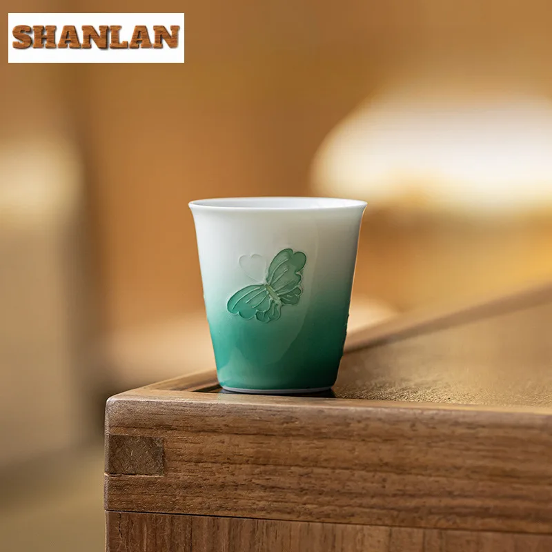 

2pc/lot Mint Green Pile Painting Butterfly Teacup Zen Tea Bowl Tea Pair Tea-tasting Smelling Cup Chazhan Master Cups Teaset 40ml