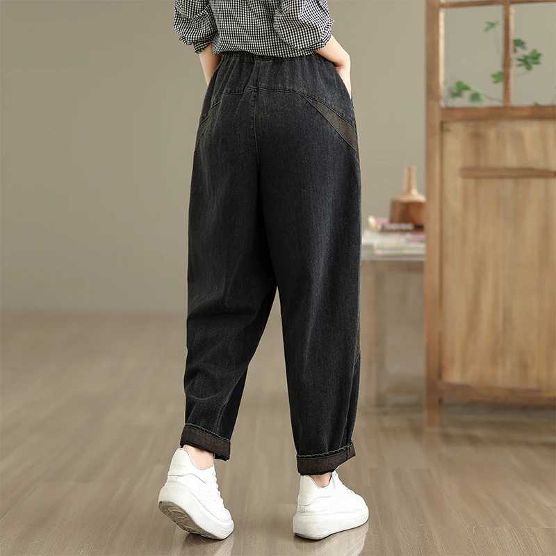 Retro Patchwork Waed Pantaloni in denim casual Elastico in vita con cintura Jeans larghi da donna Bla Cotton 00% Autunno New Sle
