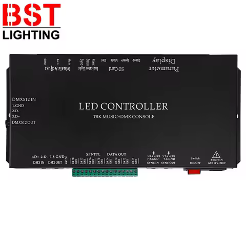 WS2811 WS2812B WS2813 WS2815 RGBIC SPI-TTL Led Strip Light Controller T8K Music+DMX Console 8Channels Port With Mic in/Aux in