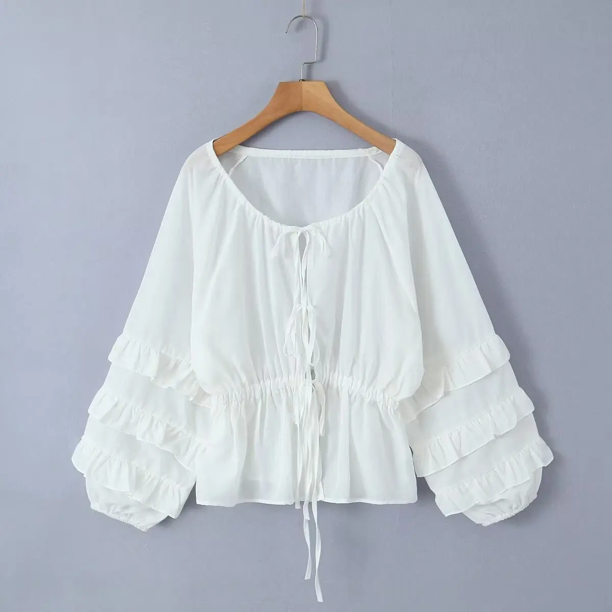 Dave&Di Blouse Women Minimalist Casual White Chiffon Shirt With Ruffled Edges Long Sleeve Shirt Women Tops