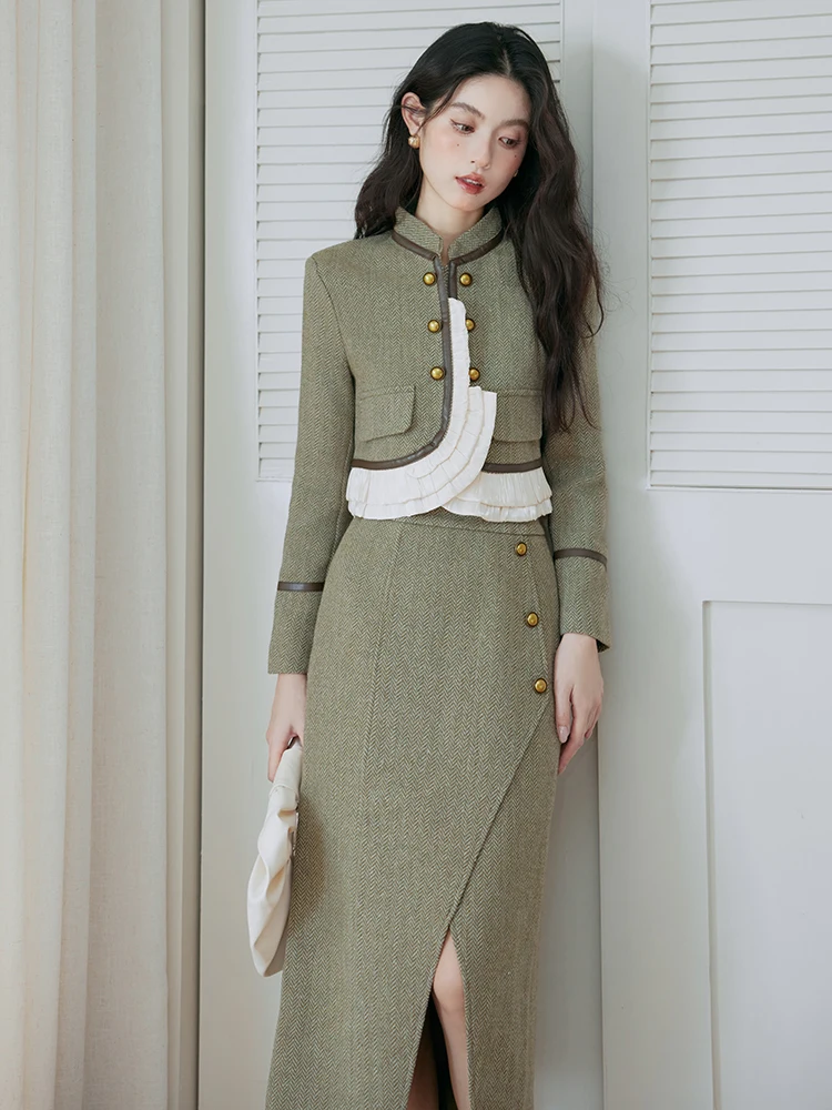 Korean Fashion Vintage 2 Two Piece Set Womens Outfits Autumn Long Sleeve Short Jacket Crop Coat+ Pencil Split Skirt Suits