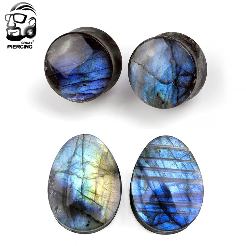 Organiczny labradoryt kamień zatyczki do uszu tunele Flesh Double Flare Earlet wskaźniki Expander okrągły Teardrop Piercing Oreja biżuteria do ciała