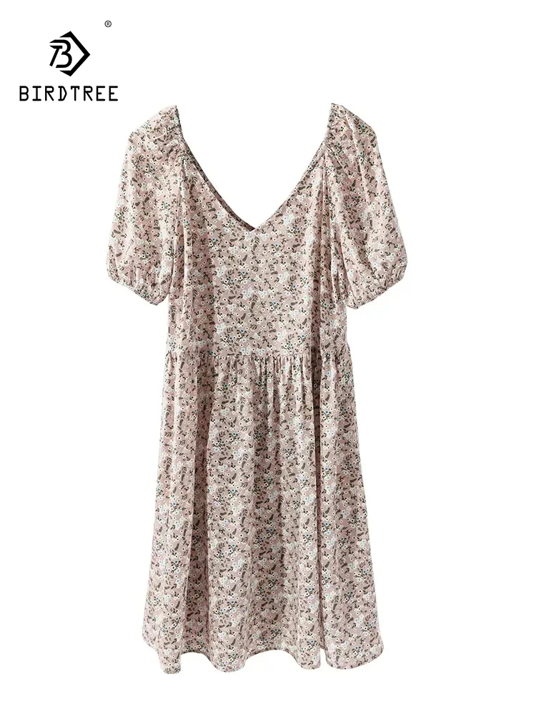 

BirdTree 100%Real Silk Party Dress For Women, V Neck Puff Sleeve, Elegant Printed Vacation Fairy Dresses, 2024 Summer D42770QC