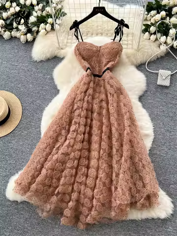 SINGREINY 3D Roses Mesh Straps Dress Polka Dots Backless Zipper Irregular Sundress Women French Senior Chic Evening Long Dress