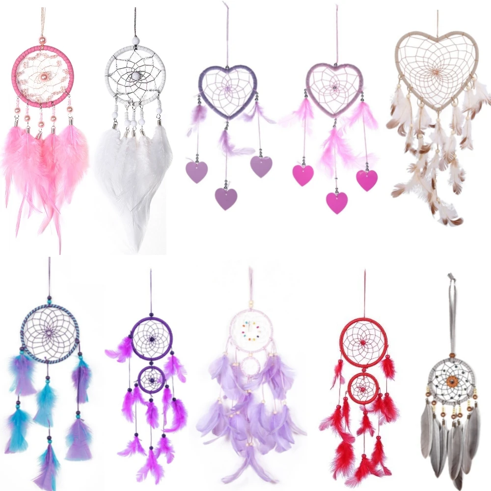 Romantic Heart Shaped Dream Catcher Double Ring Purple Feather Dream Catcher Wall Hanging Home Car Decor Craft Christmas Gift