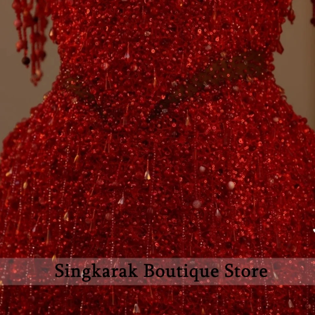 Stunning Red Crystals Homecoming Dress for Women Tassel Off Shoulder Sequin Birthday Party Gown Corset Gown Customized