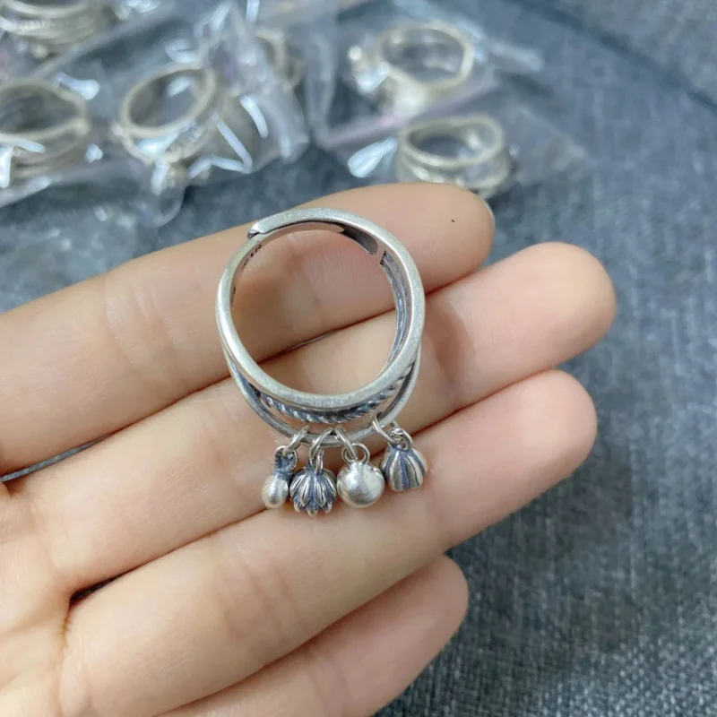 Retro Matte double layer lotus pod lucky bag small pendant ring jewelry 100% real silver tassel for women adjustable jz073