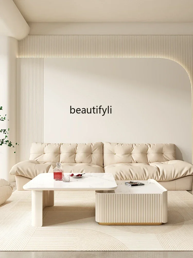 Cream Style Tea Table Modern Minimalist Living Room Home Retractable Square Stone Plate Tea Table Combination