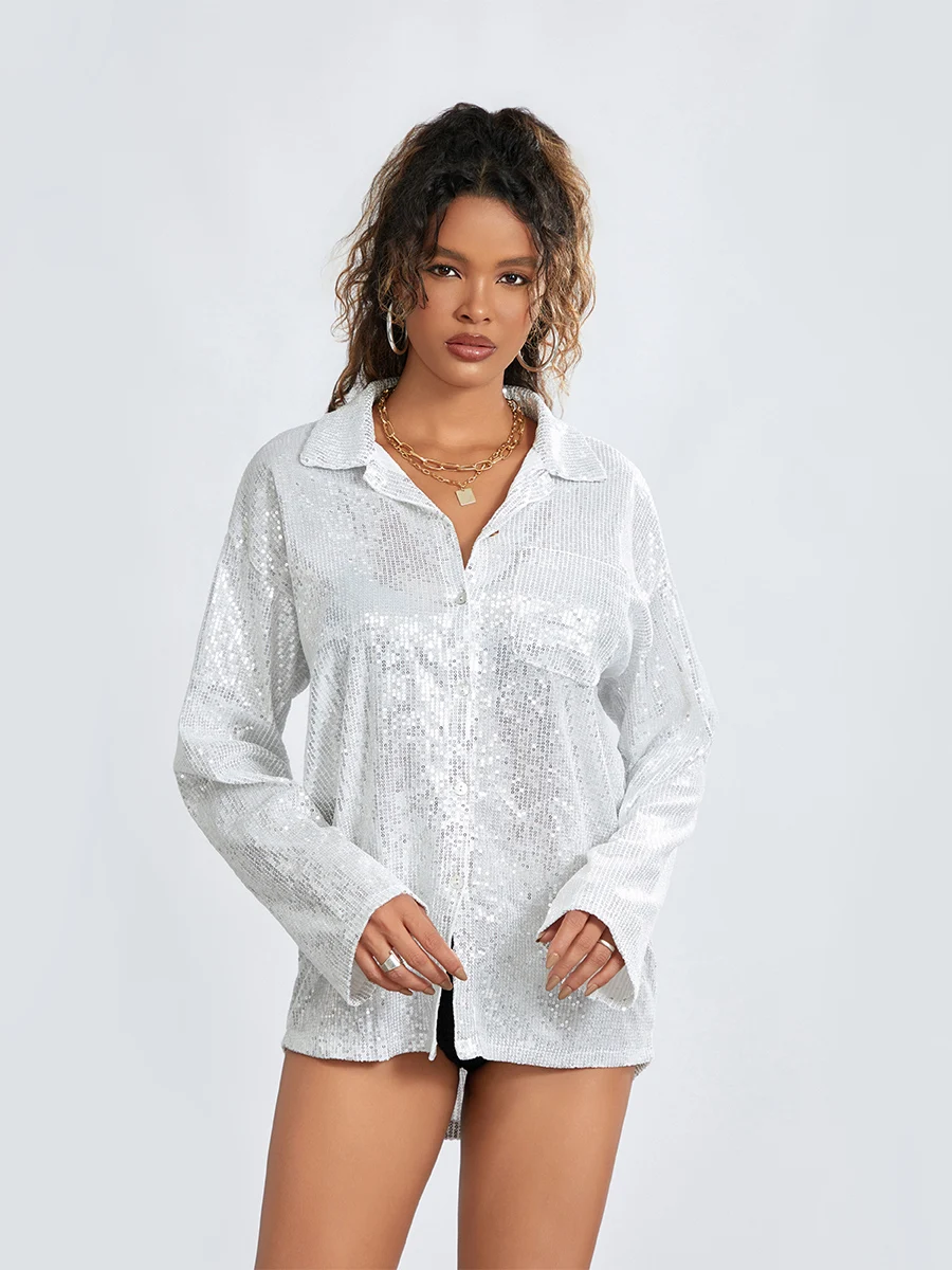 Women’s Sequin Long Sleeve Blouse Loose Lapel Collar Sparkly Glitter Button Down Shirts Party Clubwear