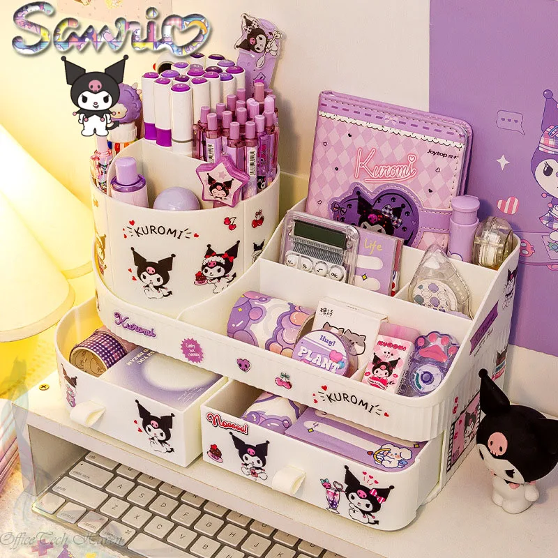 Sanrio Kuromi-portalápices con cajón giratorio, caja de almacenamiento Kawaii, organizador de escritorio de gran capacidad, lindo estante de almacenamiento multifuncional