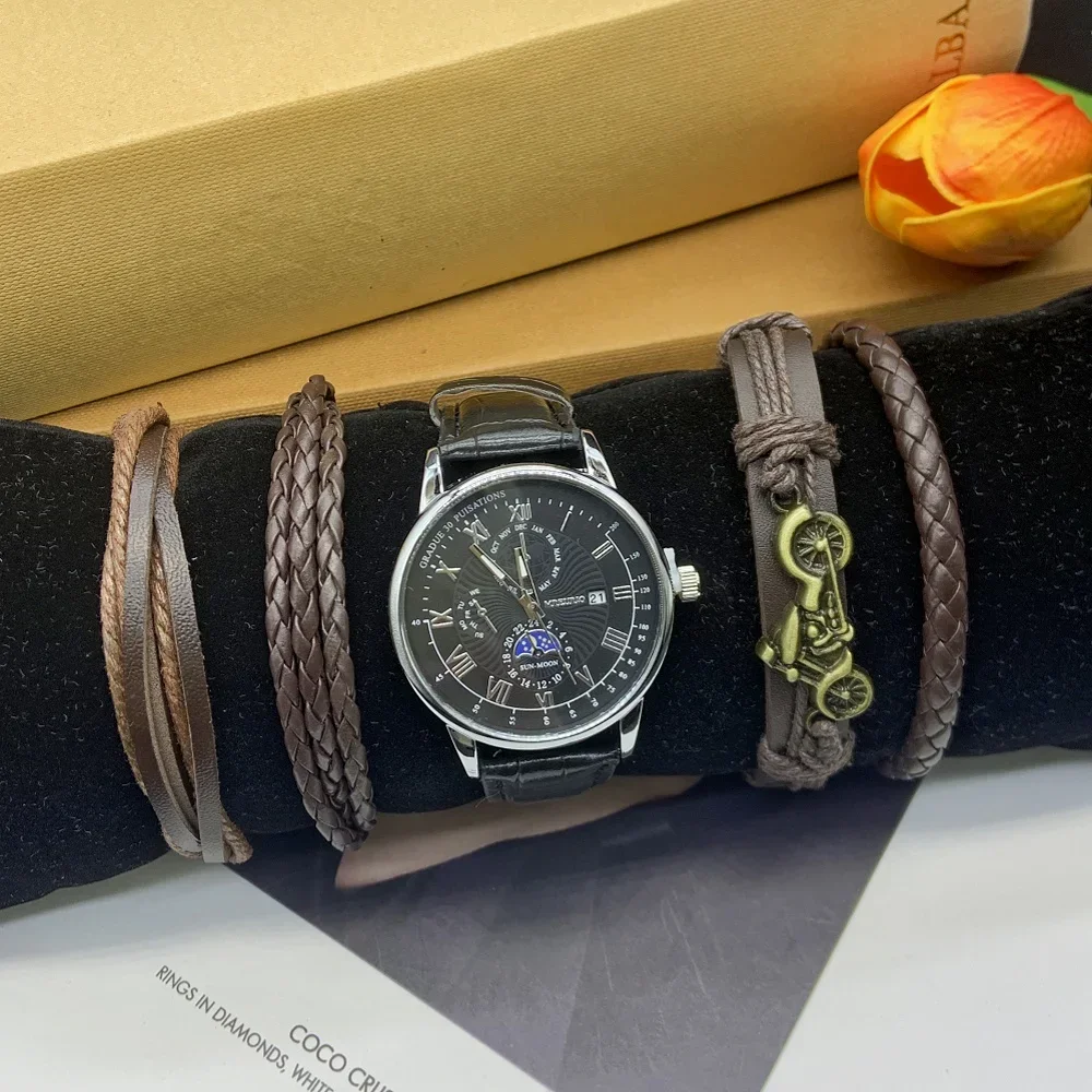 นาฬิกาควอทซ์สายคาดปฏิทินอเนกประสงค์แบบเรียบง่ายและมีสไตล์เซ็ต5ชิ้นสำหรับกีฬากลางแจ้งของผู้ชายมาพร้อมกล่องสร้อยข้อมือ