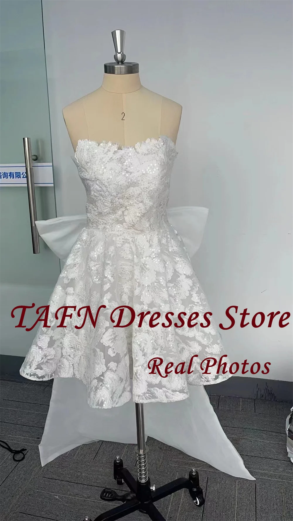 TAFN Real Photos Strapless A-line Short Wedding Dresses Luxury Lace Big Bow Bridal Gown vestidos de novia Customized