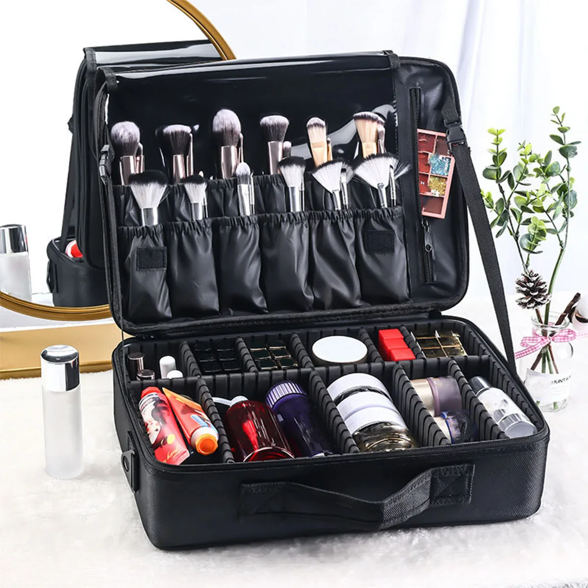 Large Capacity Makeup Bag Embroidery Nail and Makeup Handheld Partition Toolbox Makeup Case with Numerous Functional Areas Makeu