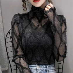 Outono inverno coreano gola alta manga longa malha de seda brilhante sexy magro básico topos moda feminina elegante chique pullovers camisetas