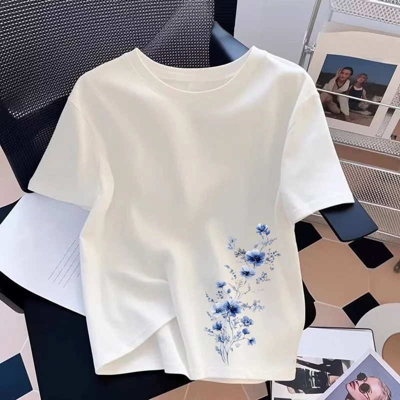 Summer Hot Sale Womens T-shirt Cotton Casual O-Neck Short Sleeve Outdoor Home Comfort Flower Print Tshirt 2026 Fashion Tees Tops