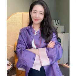Purple Jackets Lady New Chinese Style Improved Tang Clothes Long Sleeve Satin Coats Hanfu Vintage Button Down Costumes Outwear