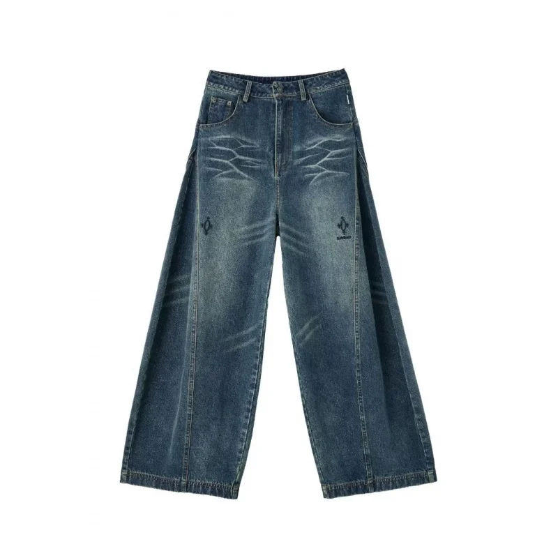 American Retro Black Gray Scimitar Jeans for Women, Autumn Winter Street Style, Baggy Loose Wide-Leg Floor-Length Lantern Pants