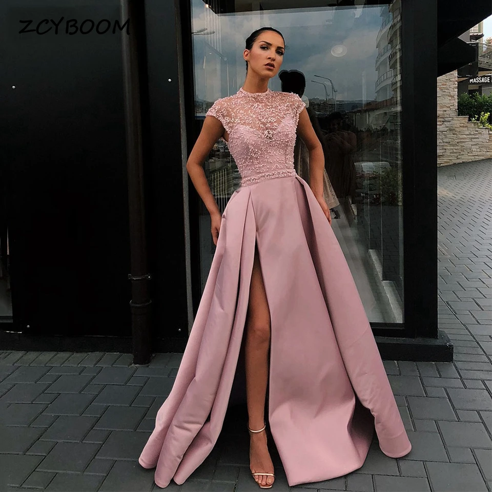 

Charming High-Neck Beaded Prom Dresses 2023 A-Line Sleeveless Floor Length Satin Side Slit Zipper Custom Made Formal Gown