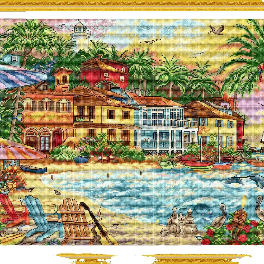 Joy Sunday Pre-printed Cross Stitch Kit DIY Easy Pattern Aida 14/11CT Stamped Fabric Embroidery Set-Seaside Family