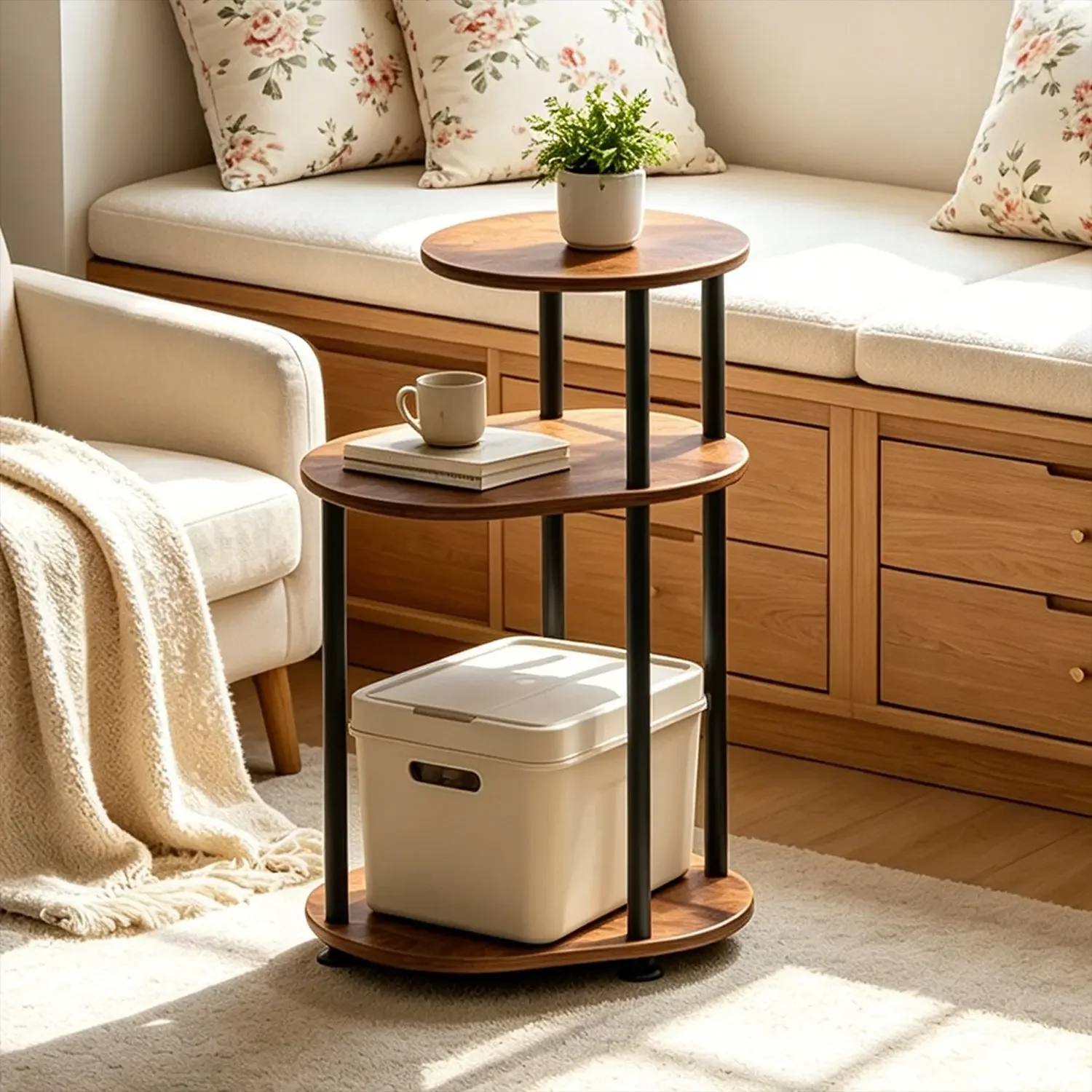 Cross-border Amazon TEMU vintage sofa side table, three-tier stair side table, wood grain small apartment bedside storage rack