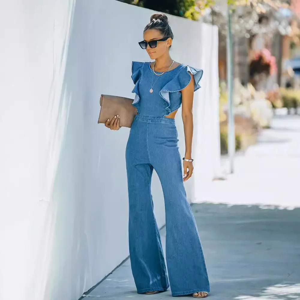 

Sexy Hottie Girl Solid Color Slim Denim Jumpsuit.Women's New Summer Fashion Crew-neck Hollow-out Denim Stitching Long Jumpsuit