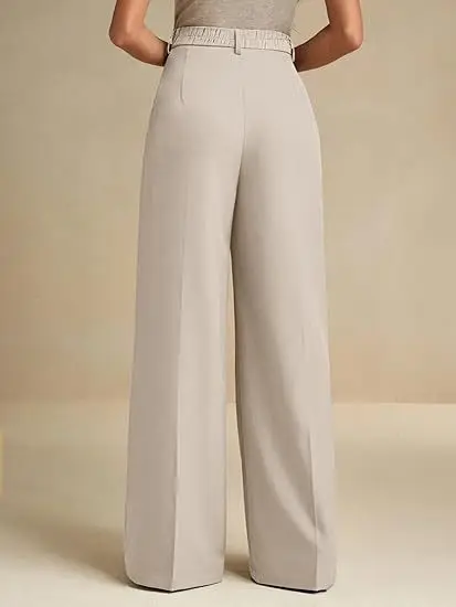 Summer Women Pants High Waist Wide Leg Trousers Beige Pleated Front Wide Leg Pants Black Office Women's Full Length Pants