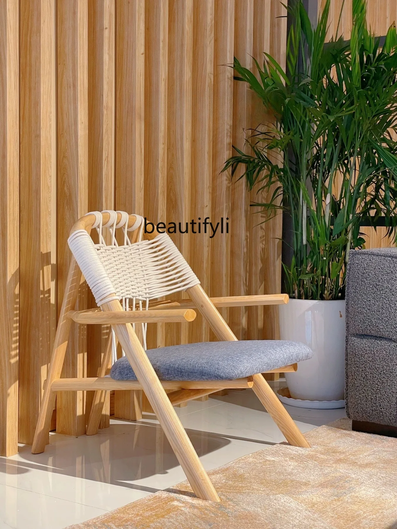 Solid Wood Rope Woven Dining Chair Home Balcony Fraxinus Chairs Japanese Bed & Breakfast Leisure Sofa Recliner