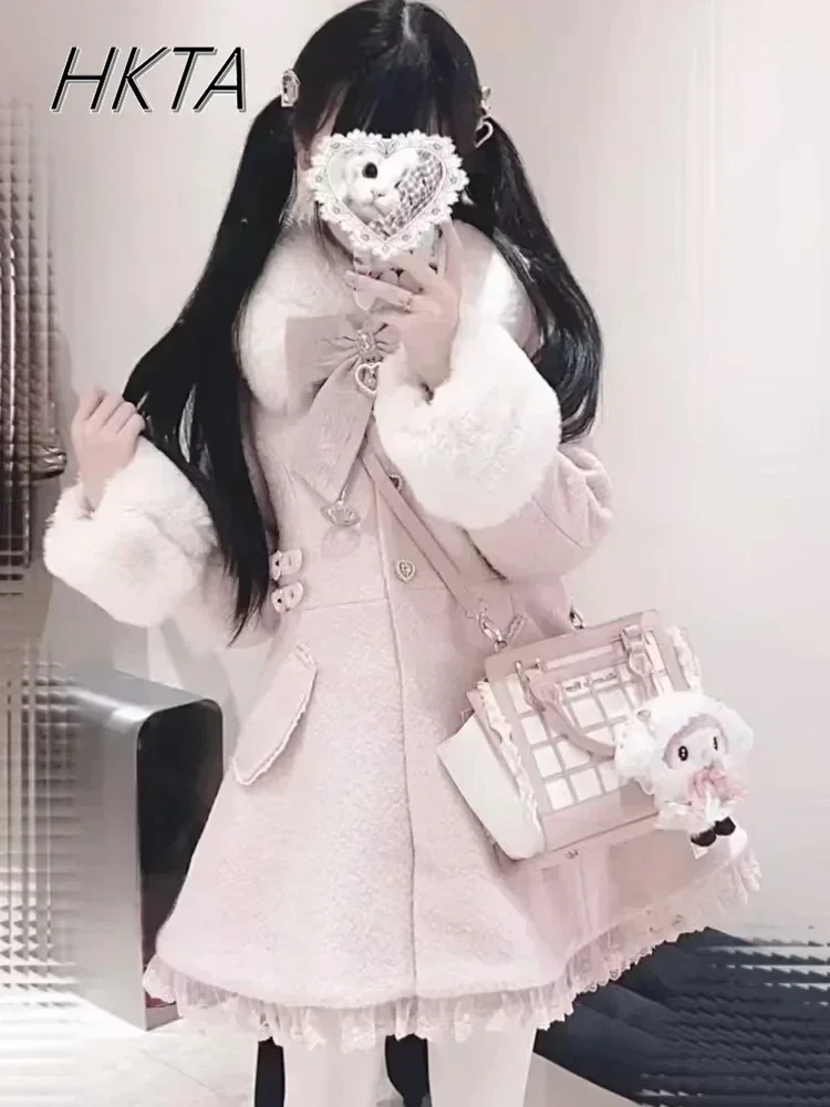Japoński słodki kokardka Slim Średnio długi wełniany płaszcz zimowy Nowy kołnierz ze sztucznego futra Lolita Girl Damskie różowe białe wełniane płaszcze Płaszcz