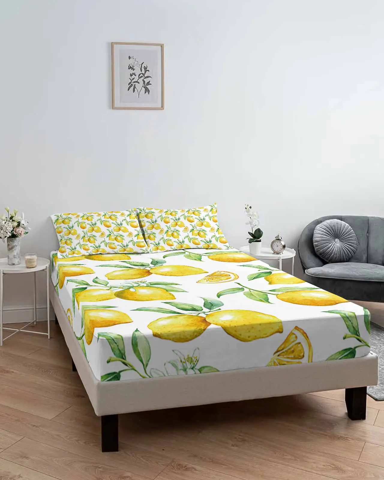 Watercolor Lemon Fruit Fitted Bed Sheet Cover Elastic Band Anti-slip Mattress Protector for Single Double King