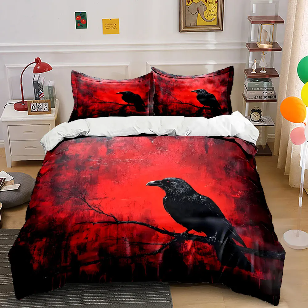 Black raven on branch red backdrop Pattern Duvet Cover Set Digital Print Colorful Polyester Bedding with Zipper Closur for gifts