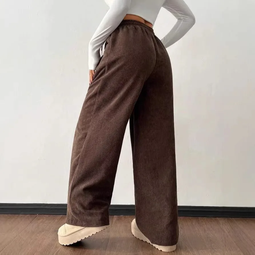 Women's Corduroy Wide Leg Pants Autumn Winter Thick Solid Color Micro Elastic Drawstring Loose Edition Retro Casual Day Pants